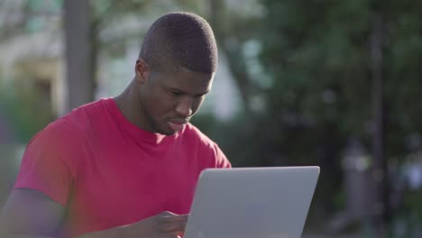 Junger-Afroamerikanischer-Muskulöser-Mann,-Der-Im-Park-Am-Laptop-Arbeitet